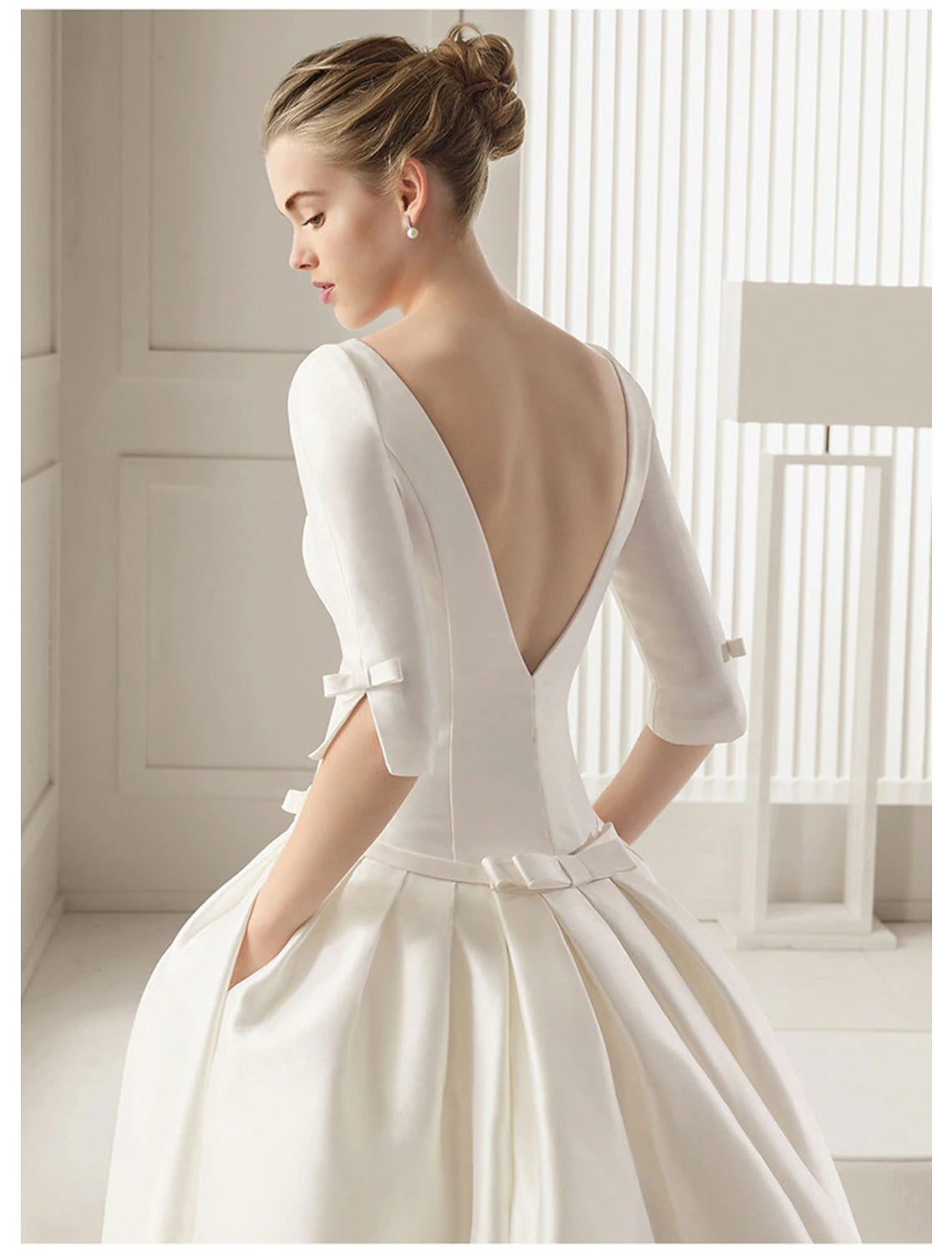 wholesale  Engagement Formal Fall Wedding Dresses A-Line Scoop Neck Half Sleeve Court Train Satin Bridal Gowns With Bow(s) Pleats