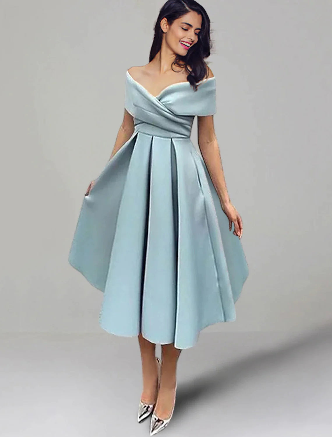 Wholesa A-Line Wedding Guest Dresses 1950s Dress Summer Tea Length Sleeveless Off Shoulder Satin with Ruched