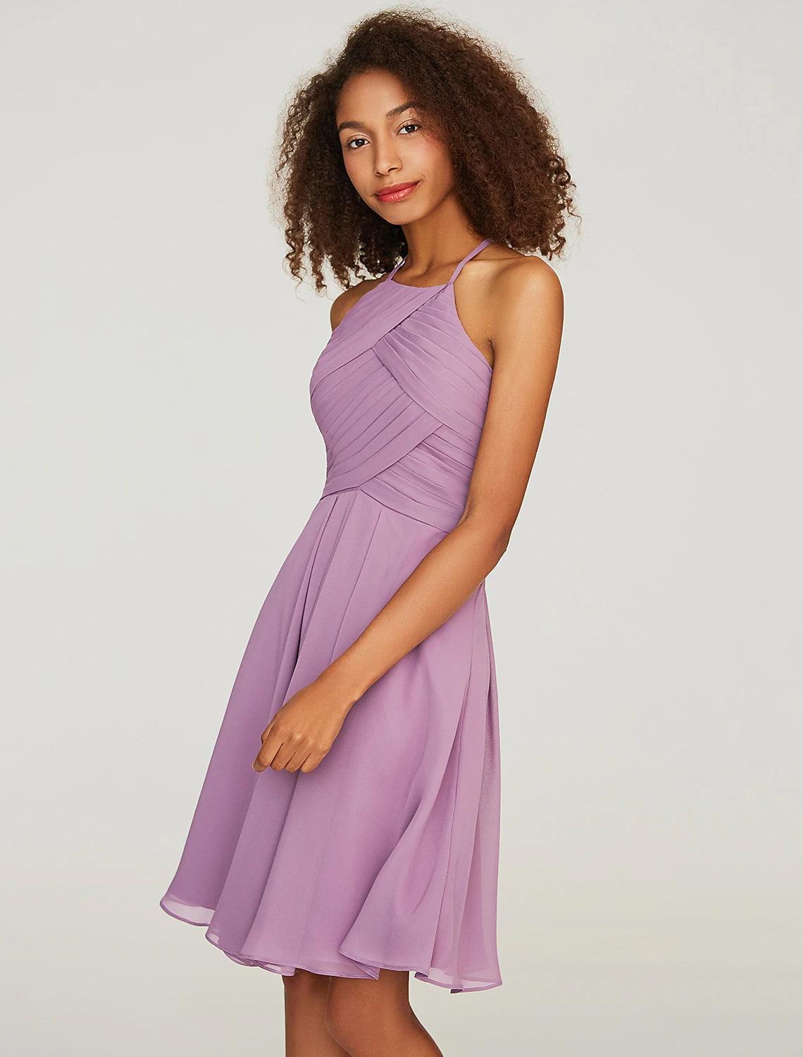 Wholesa  A-Line Bridesmaid Dress Halter Neck Sleeveless Keyhole Knee Length Chiffon with Ruffles
