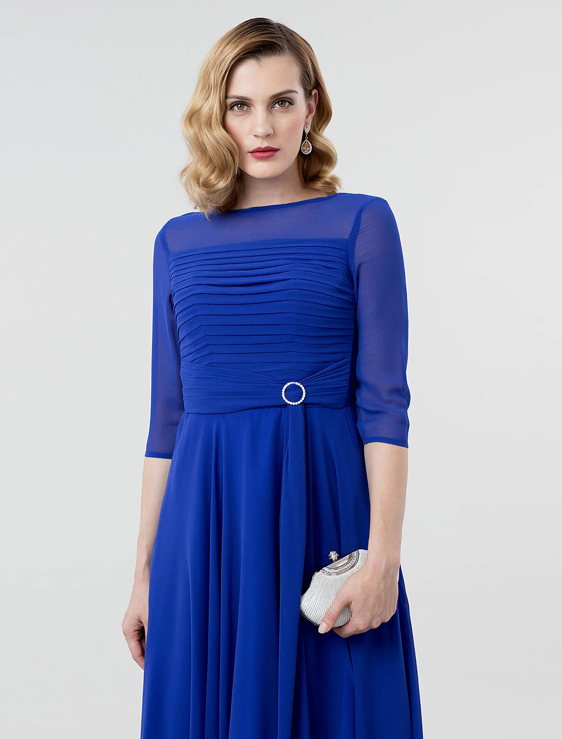 Wholesa A-Line Elegant Formal Evening Wedding Party Dress Boat Neck 3/4 Length Sleeve Tea Length Georgette with Ruched Crystal Brooch 2022 / Illusion Sleeve