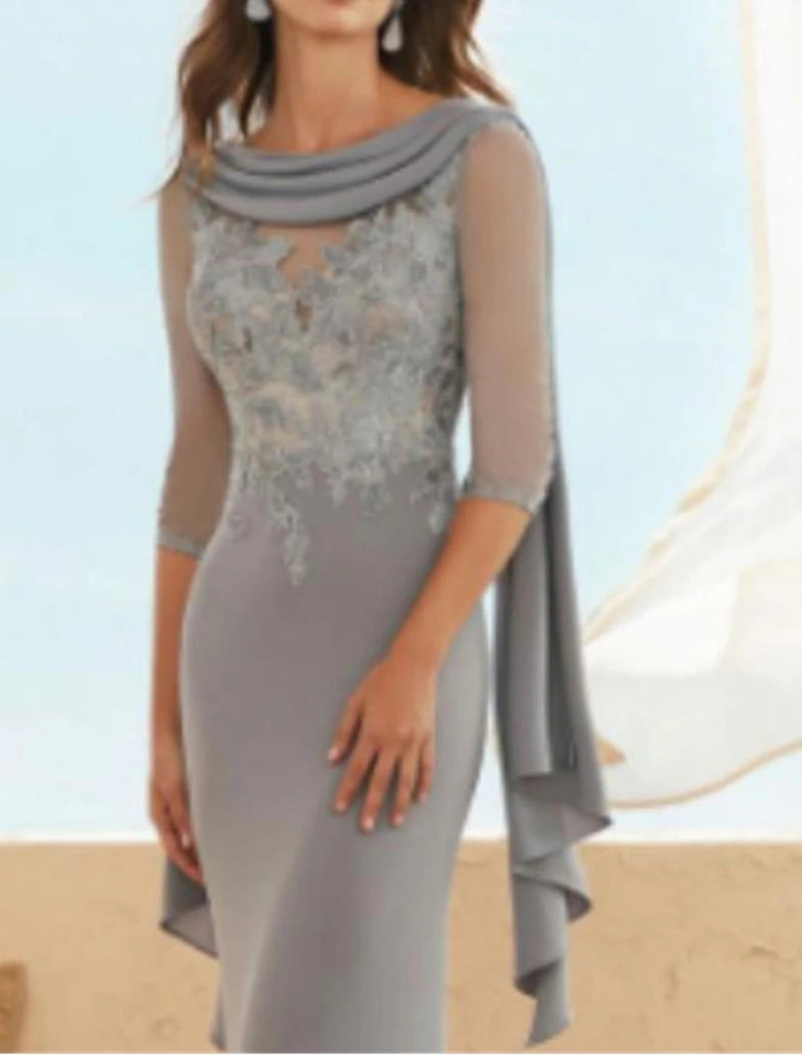 Wholesa Sheath / Column Mother of the Bride Dress Wedding Guest Elegant Plus Size Jewel Neck Floor Length Chiffon Lace Half Sleeve with Appliques Ruching