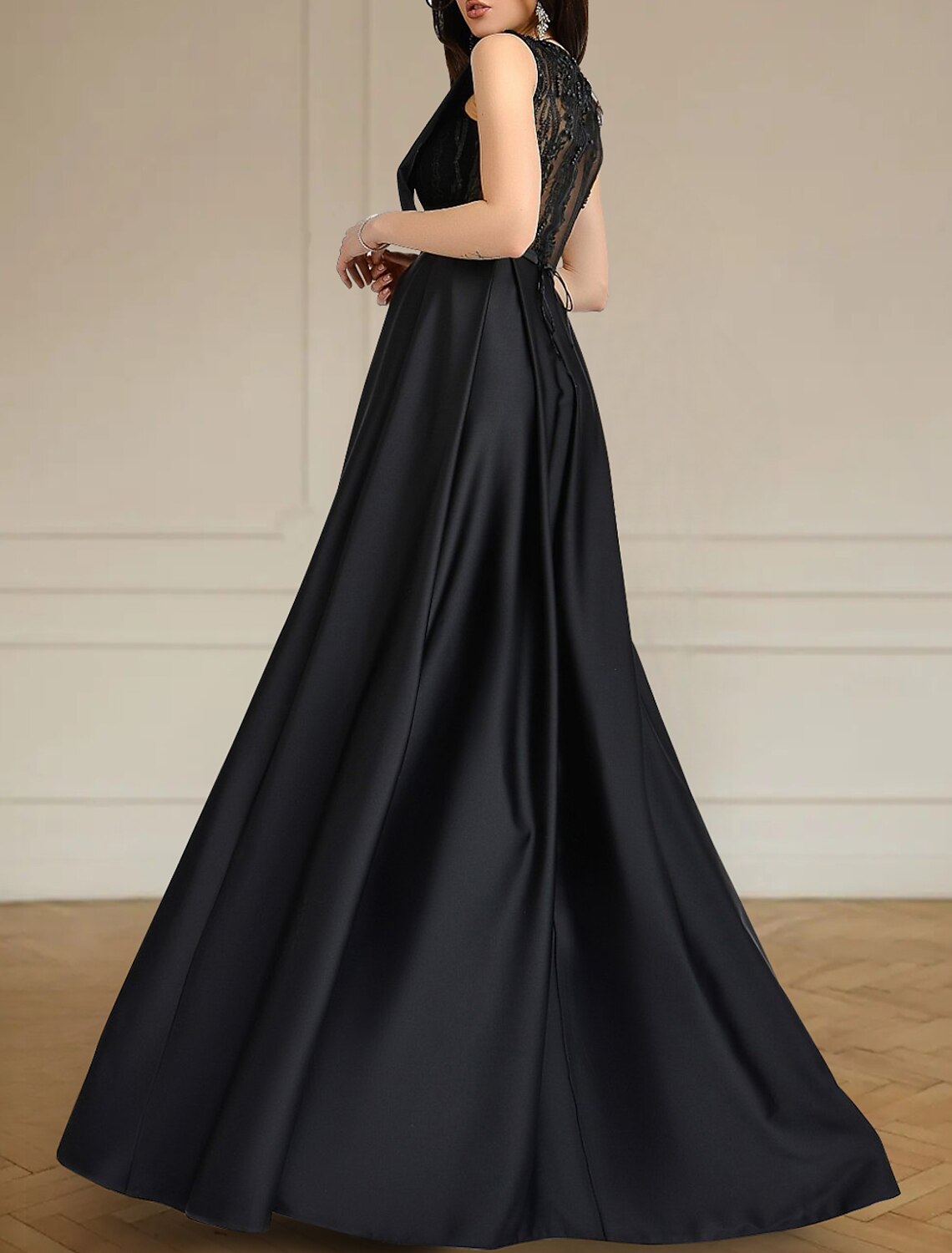 Wholesa Black Wedding Dresses Formal A-Line Scoop Neck Sleeveless Floor Length Lace Satin Fall Halloween Reception Bridal Gowns With Pleats Beading