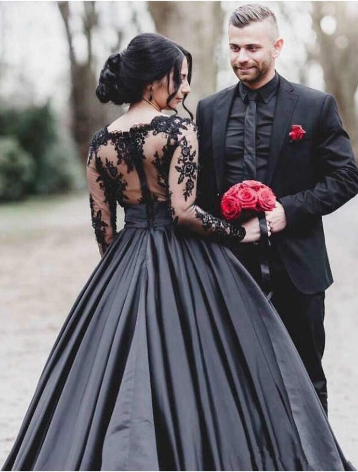 wholesale  Engagement Gothic Black Wedding Dresses Formal A-Line Illusion Neck Long Sleeve Floor Length Satin Bridal Gowns With Draping Appliques