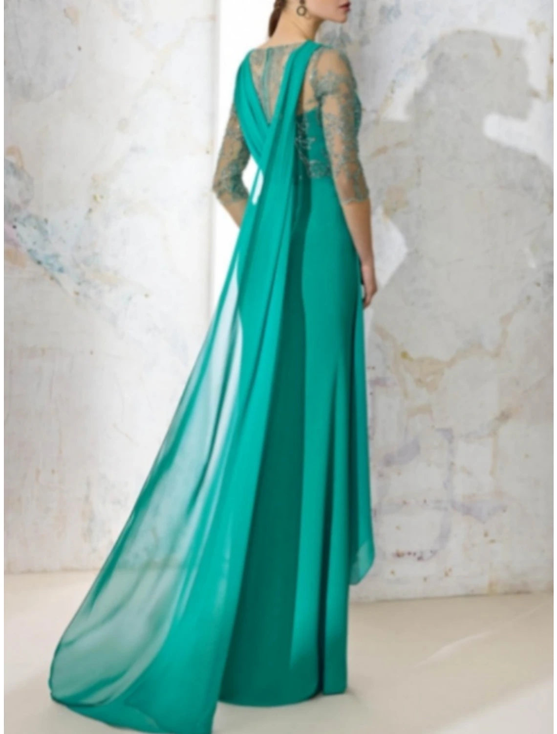 Wholesa Sheath / Column Mother of the Bride Dress Wedding Guest Elegant V Neck Floor Length Stretch Chiffon Half Sleeve with Lace Sequin Split Front