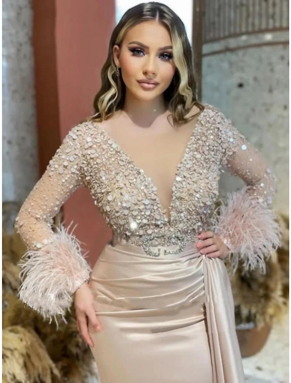 Wholesa Mermaid / Trumpet Evening Gown Sparkle & Shine Dress Formal Wedding Court Train Long Sleeve V Neck Satin with Feather Glitter Ruched