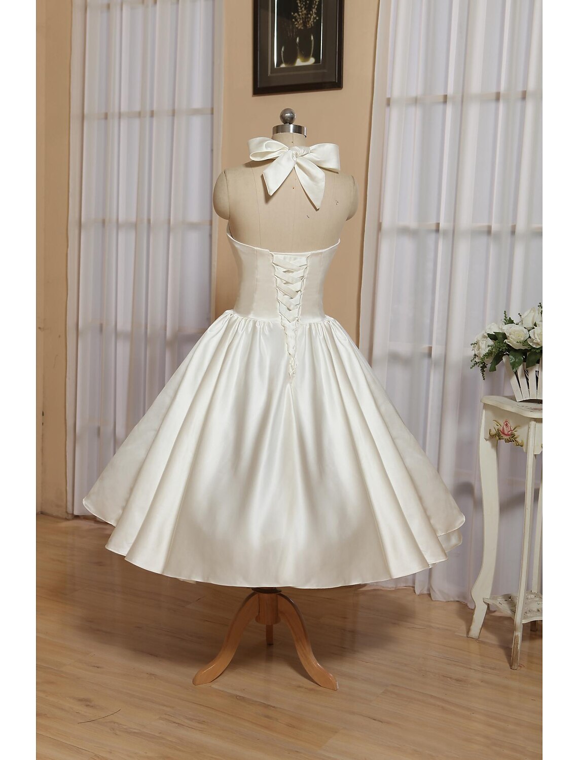 wholesale  Reception Little White Dresses Wedding Dresses A-Line Halter Sleeveless Tea Length Satin Bridal Gowns With Bow(s) Pleat