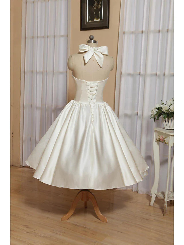 Wholesa Bridal Shower Little White Dresses Wedding Dresses Tea Length A-Line Sleeveless Halter Satin With Bow(s) Pleats
