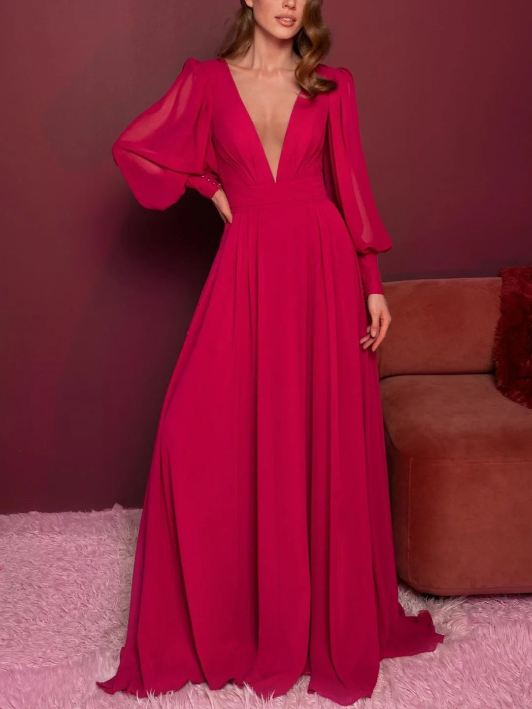 Wholesa A-Line V-Neck Long Sleeves Floor-Length Evening Dress