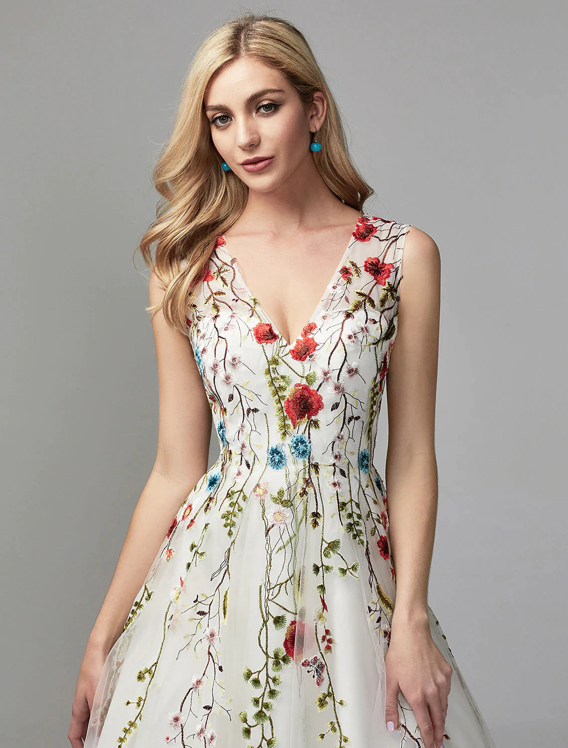 Wholesa A-Line Special Occasion Dresses Floral Dress Valentine's Day Wedding Guest Floor Length Sleeveless V Neck Lace with Embroidery Appliques