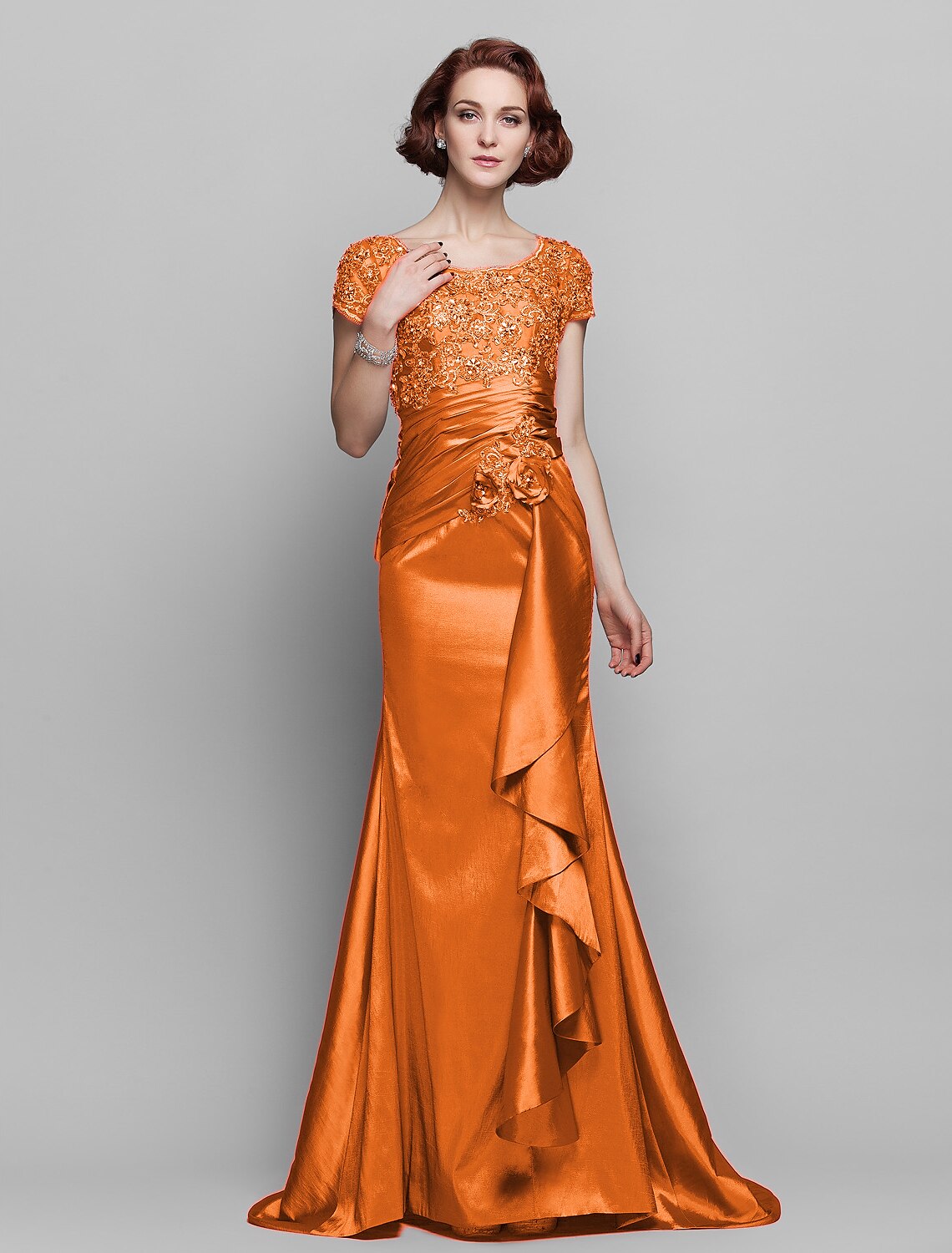 wholesale  Mermaid / Trumpet Mother of the Bride Dress See Through Scoop Neck Sweep / Brush Train Taffeta Beaded Lace Short Sleeve with Flower