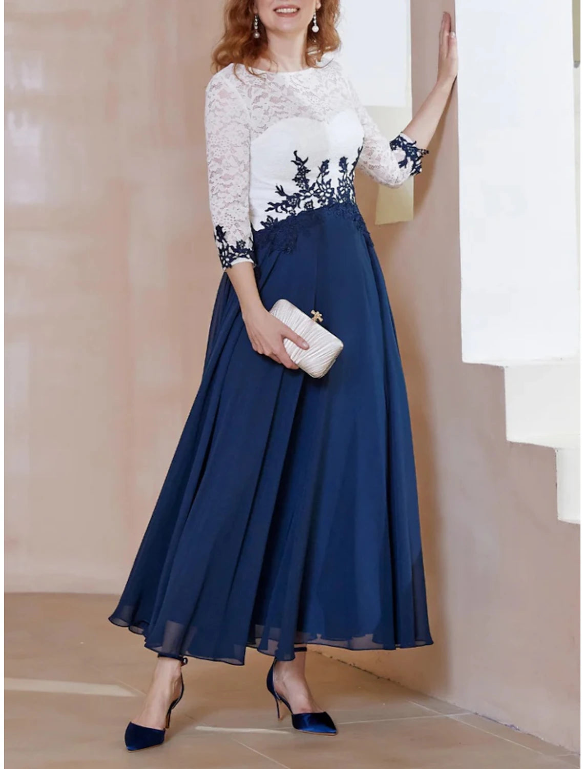 Wholesa A-Line Mother of the Bride Dress Wedding Guest Elegant Scoop Neck Ankle Length Chiffon 3/4 Length Sleeve with Lace Ruching
