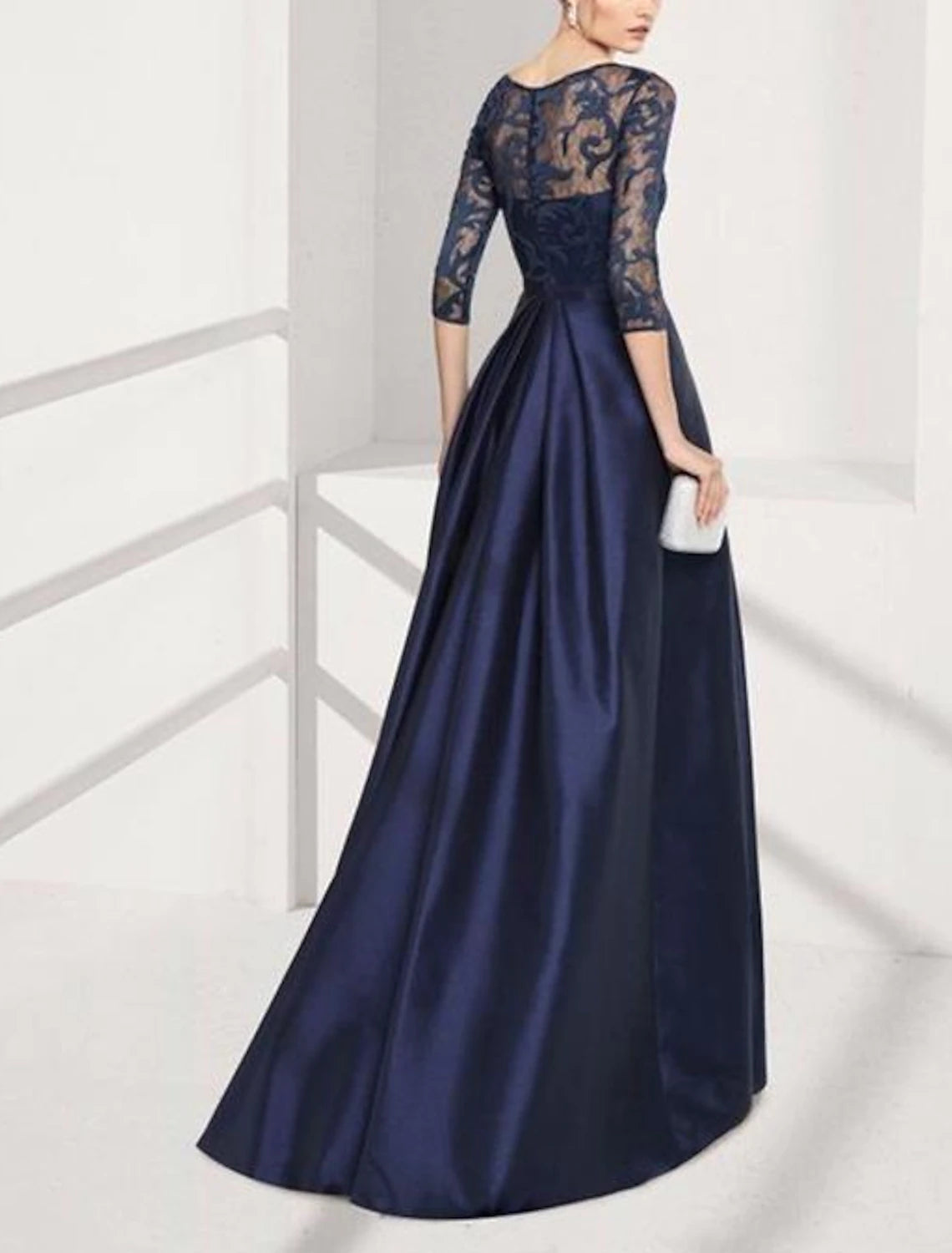Wholesa A-Line Mother of the Bride Dress Wedding Guest Elegant Vintage Jewel Neck Floor Length Satin Lace 3/4 Length Sleeve with Pleats Solid Color