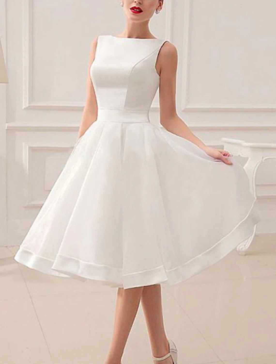 Wholesa Reception Vintage 1940s / 1950s Little White Dresses Wedding Dresses A-Line Scoop Neck Sleeveless Knee Length Satin Bridal Gowns With Bow(s)