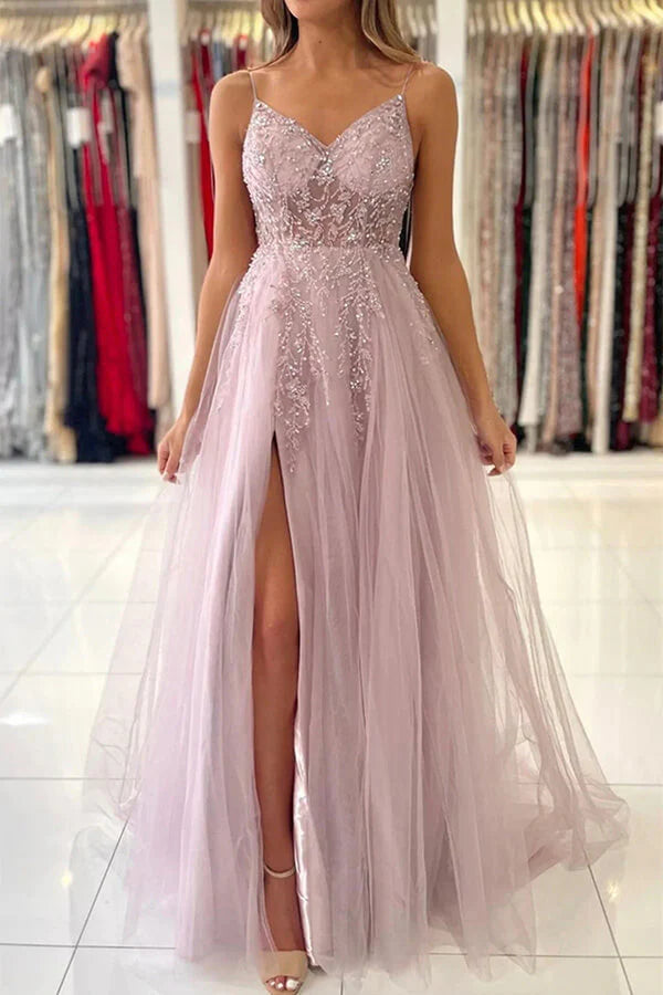 Wholesa A-line V-neck Beaded Tulle Prom Dresses With Slit