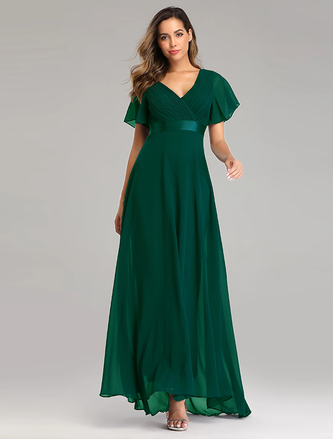 wholesale  A-Line Evening Gown Party Dress Empire Dress Wedding Guest Formal Evening Floor Length Short Sleeve V Neck Bridesmaid Dress Chiffon V Back with Ruffles Pure Color