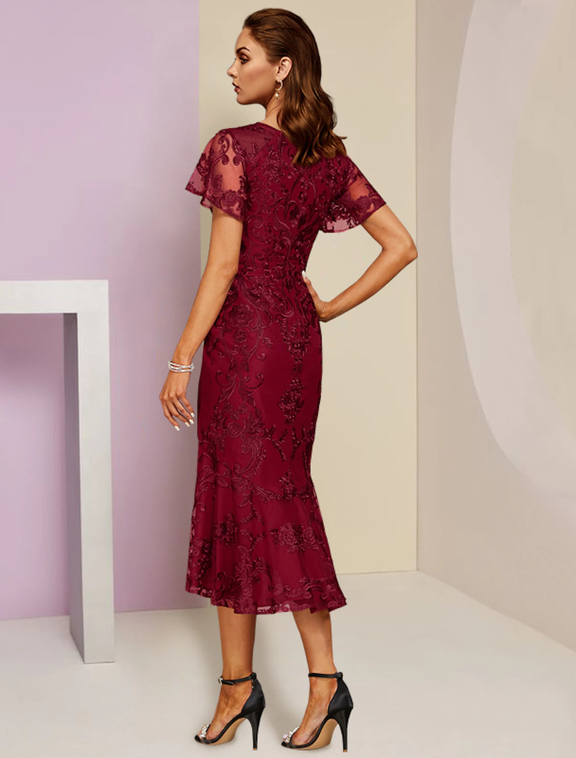 wholesale  Sheath / Column Mother of the Bride Dress Wedding Guest Party Elegant V Neck Tea Length Lace Short Sleeve with Pleats Solid Color