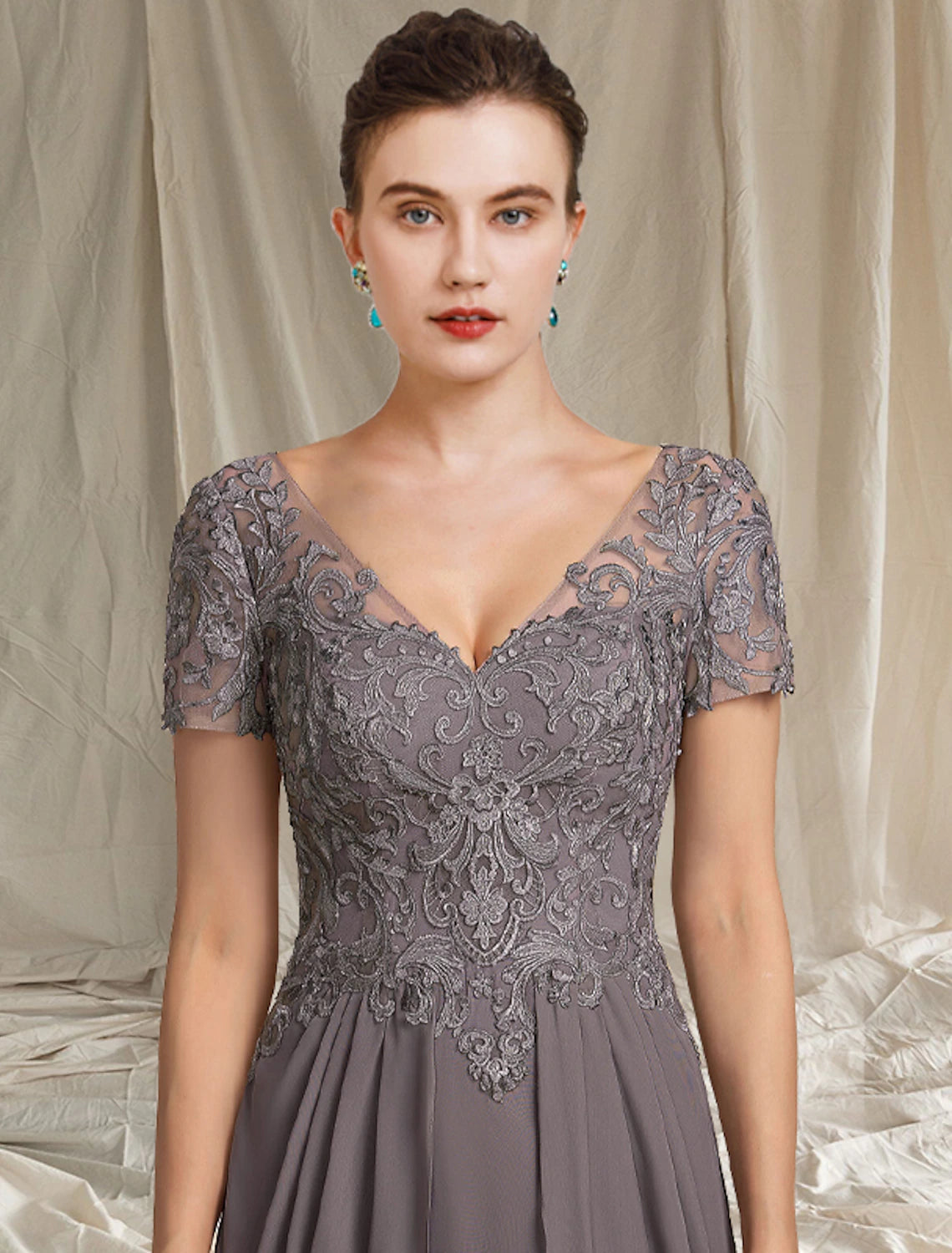 wholesale   A-Line Mother of the Bride Dress Fall Wedding Guest Plus Size Elegant High Low V Neck Tea Length Chiffon Lace Short Sleeve with Pleats Appliques