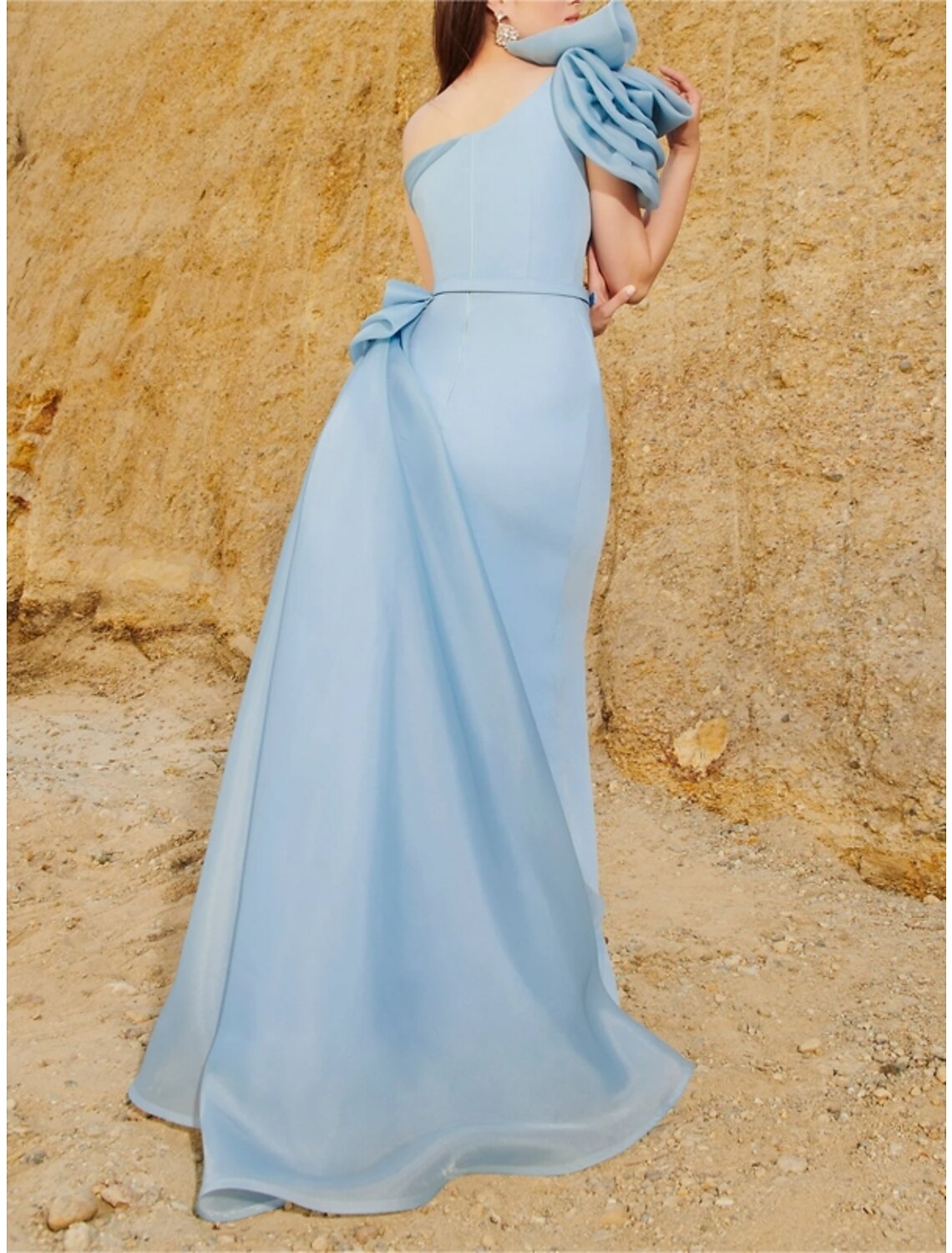 Wholesa Sheath / Column Cocktail Dresses High Split Dress Formal Wedding Guest Sweep / Brush Train Sleeveless One Shoulder Tulle with Shouder Flower