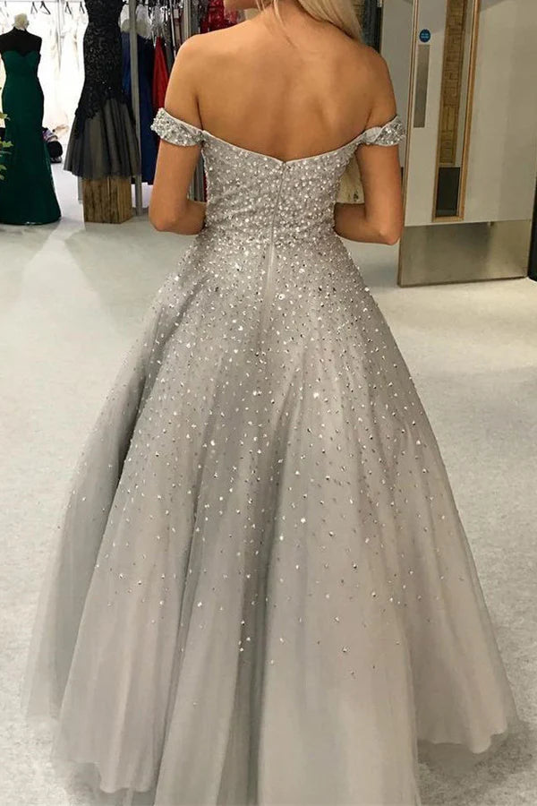 Wholesa A-line Off the Shoulder Open Back Gorgeous Ball Gown Long Prom Dresses with Beaded