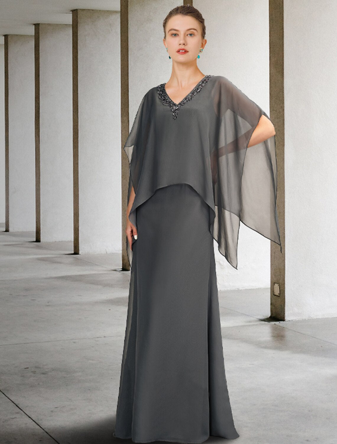 wholesale  A-Line Mother of the Bride Dress Luxurious Elegant V Neck Floor Length Chiffon Sleeveless Shawls with Beading Ruffles