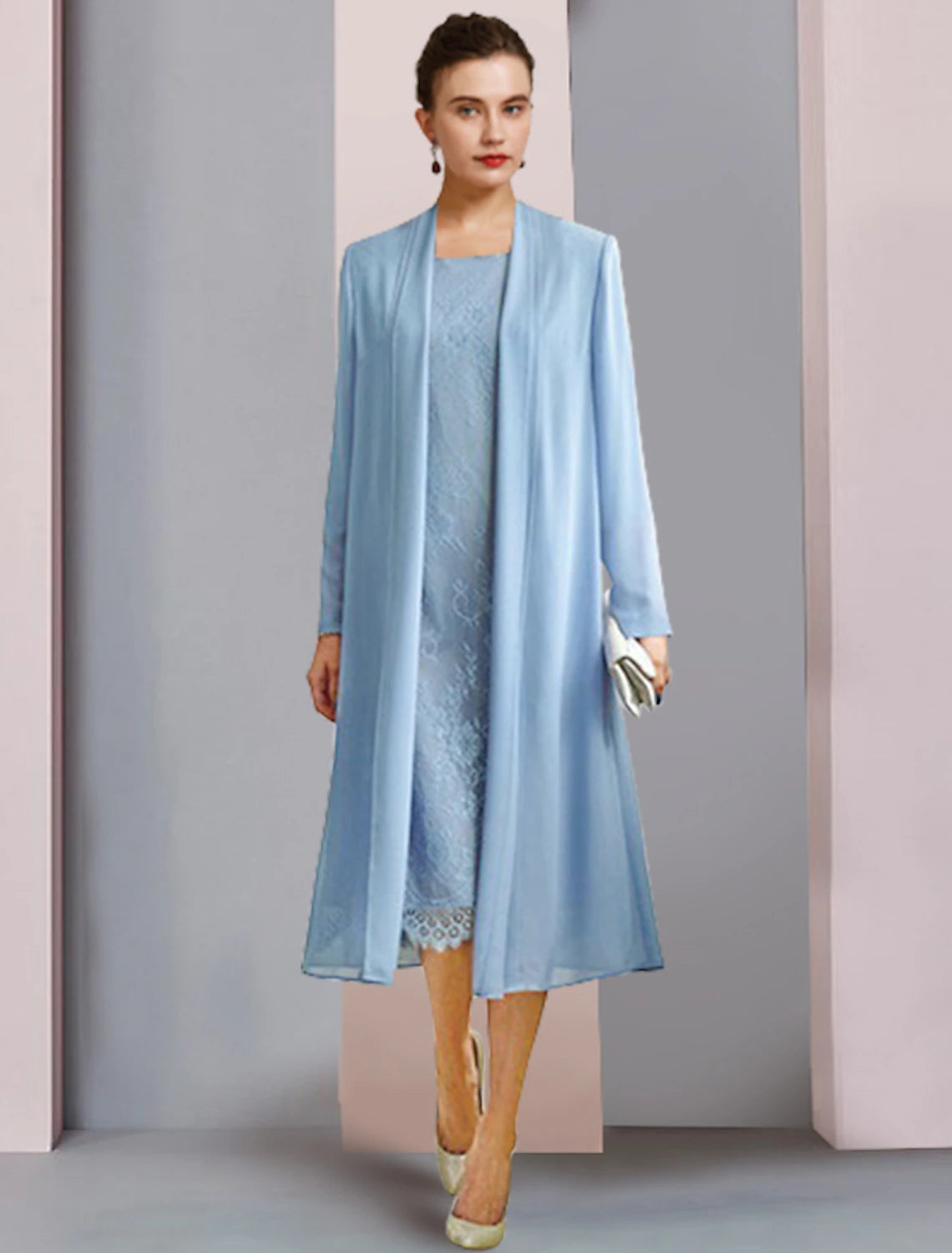 wholesale  Two Piece Sheath / Column Mother of the Bride Dress Formal Wedding Guest Party Elegant Scoop Neck Tea Length Chiffon Lace 3/4 Length Sleeve with Solid Color