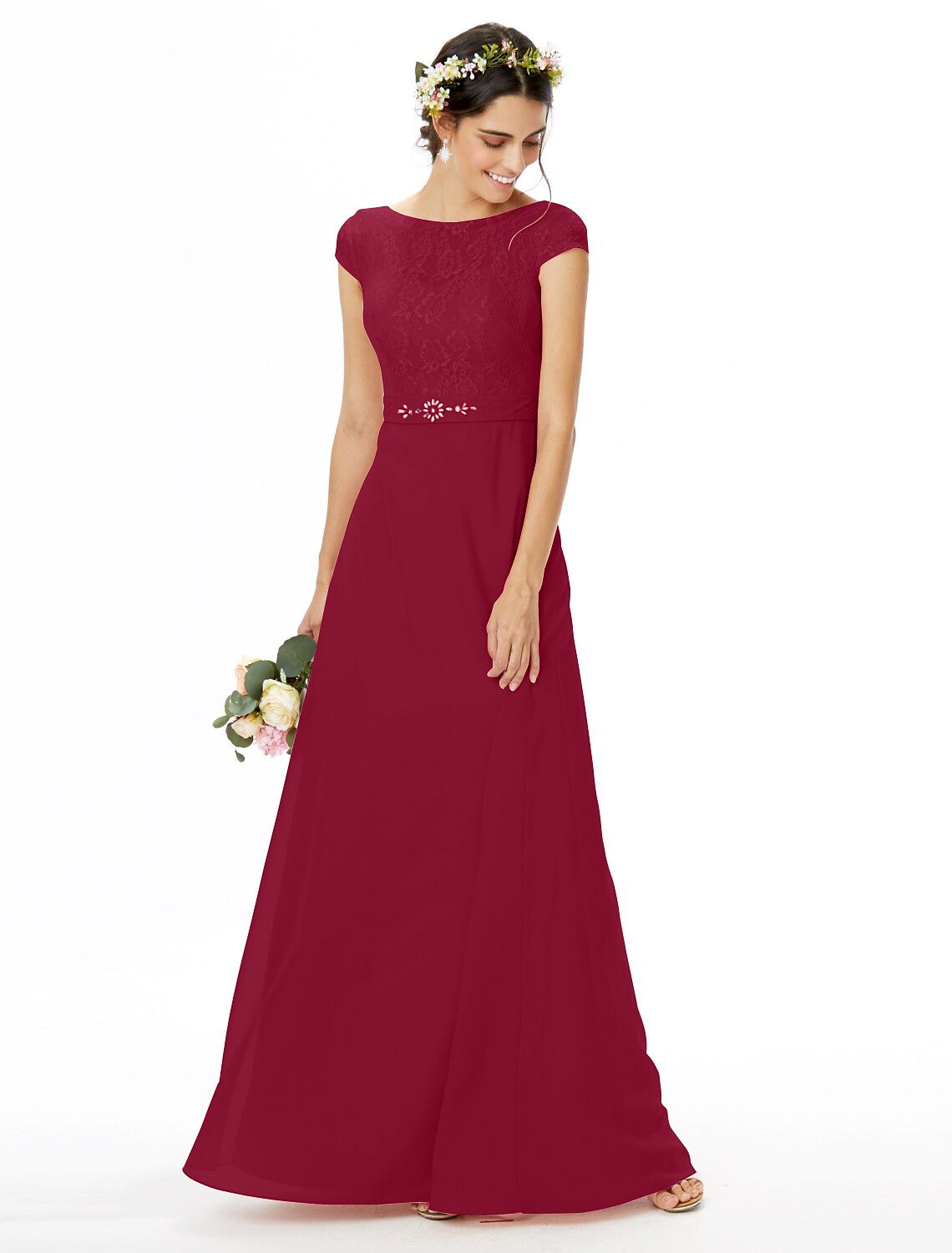 wholesale   Sheath / Column Bridesmaid Dress Bateau Neck Short Sleeve Elegant Floor Length Chiffon / Lace with Lace / Sash / Ribbon / Bow(s)