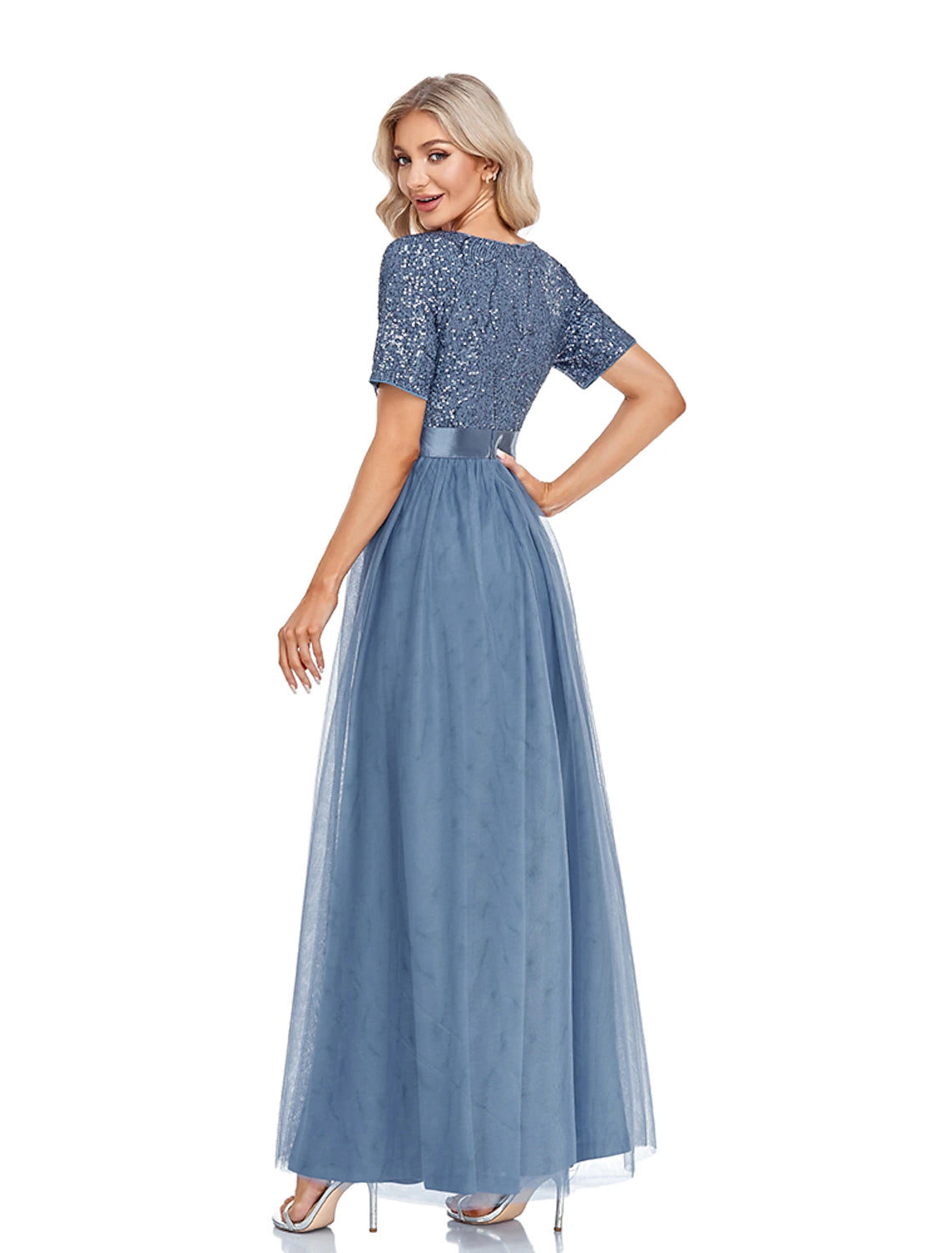 wholesa A-Line Evening Gown Sparkle & Shine Dress Wedding Guest Prom Floor Length Short Sleeve V Neck Bridesmaid Dress Tulle with Sequin Splicing