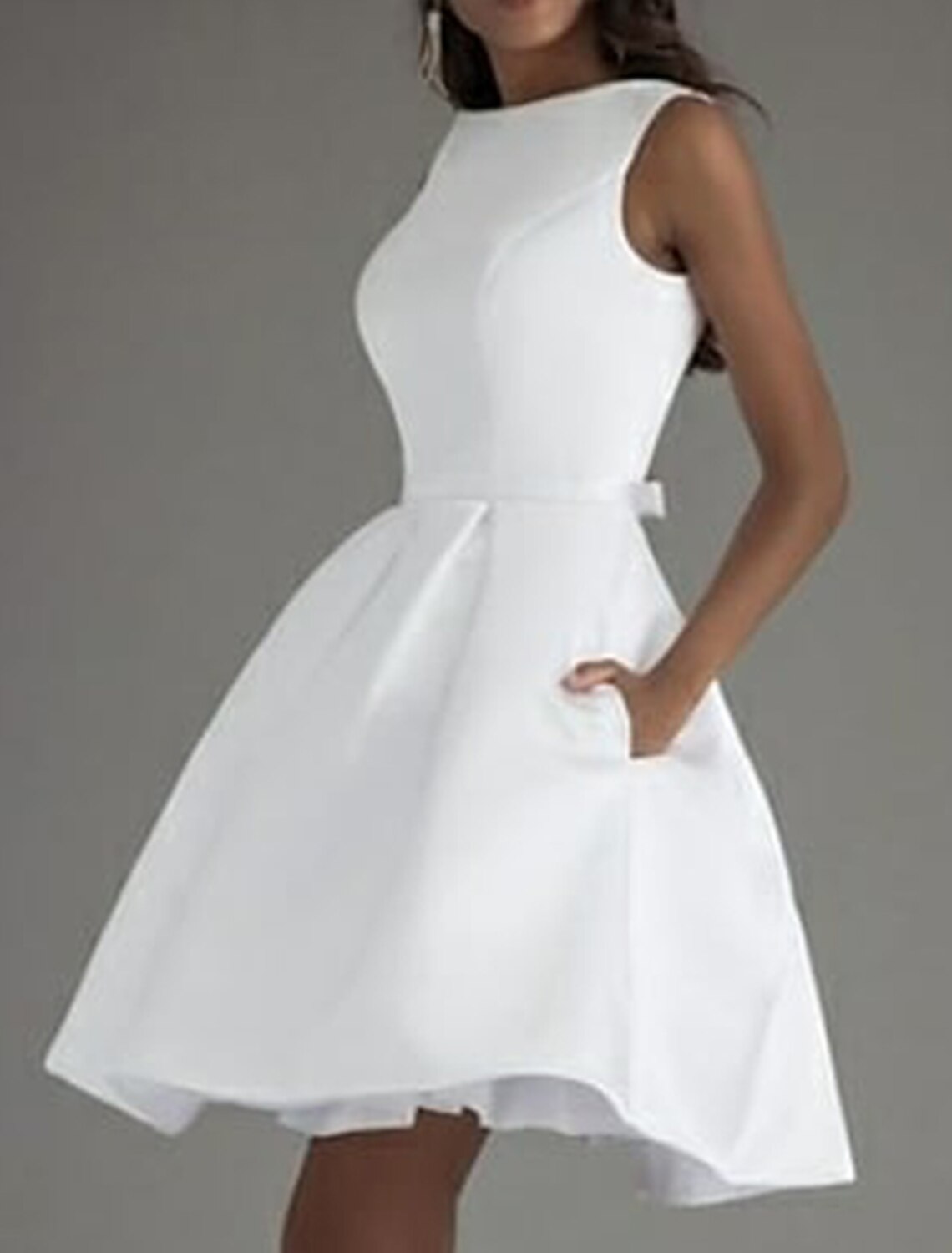 Wholesa A-Line Cocktail Dresses Minimalist Dress Valentine's Day Wedding Guest Knee Length Sleeveless Boat Neck Satin V Back with Sleek Bow(s) Pure Color