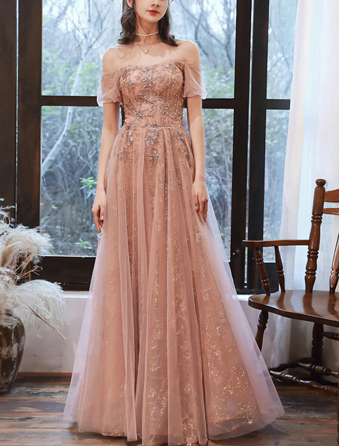 wholesa A-Line Evening Gown Glittering Dress Engagement Formal Evening Floor Length Short Sleeve Off Shoulder Spandex with Sequin Appliques