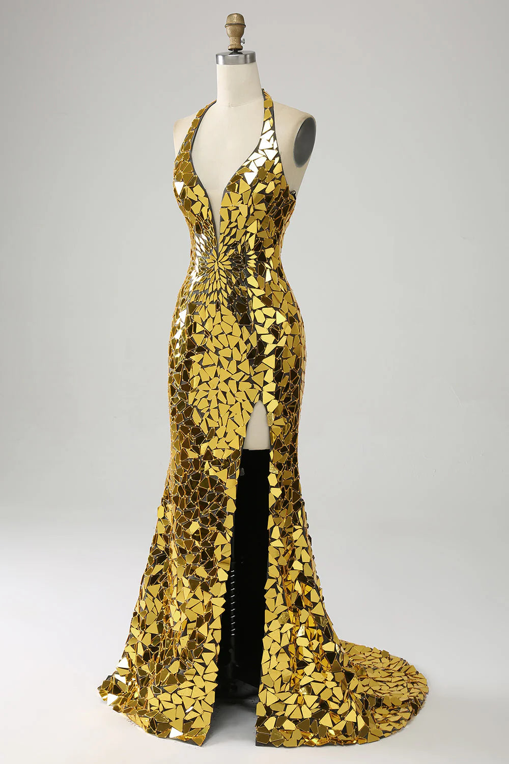 Wholesa Mermaid Halter Deep V-Neck Backless Mirror Prom Dress With High Slit