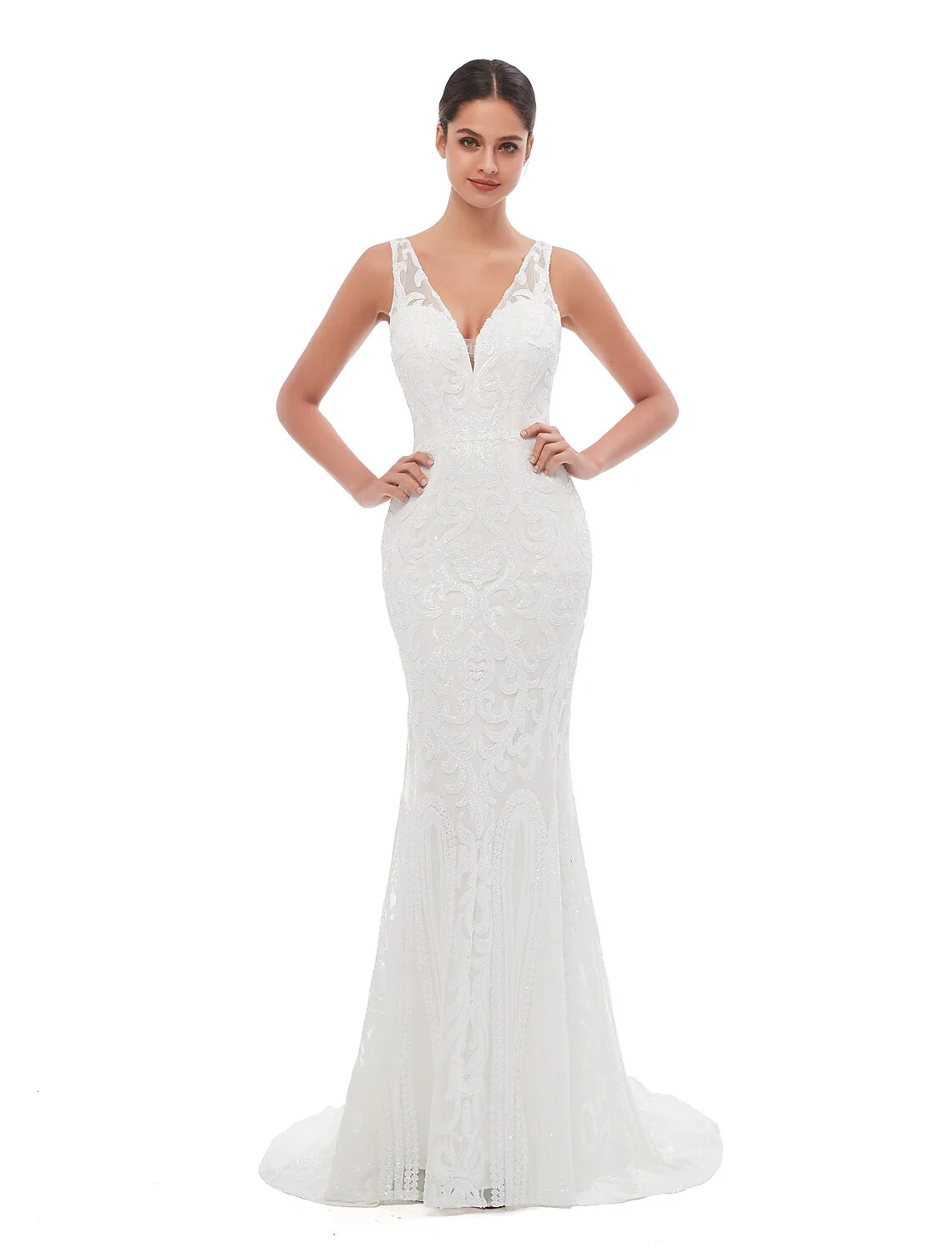 Wholesa Mermaid / Trumpet Evening Gown Celebrity Style Dress Engagement Court Train Sleeveless V Neck Sequined with Sequin Embroidery