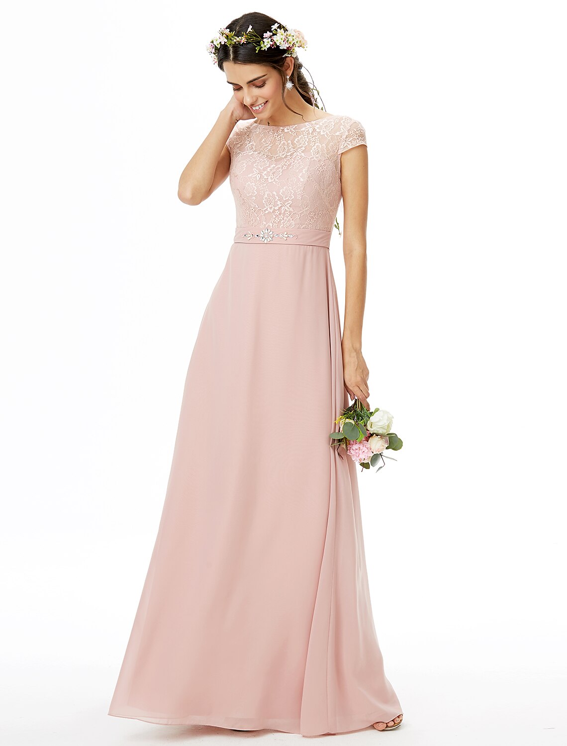 wholesale   Sheath / Column Bridesmaid Dress Bateau Neck Short Sleeve Elegant Floor Length Chiffon / Lace with Lace / Sash / Ribbon / Bow(s)