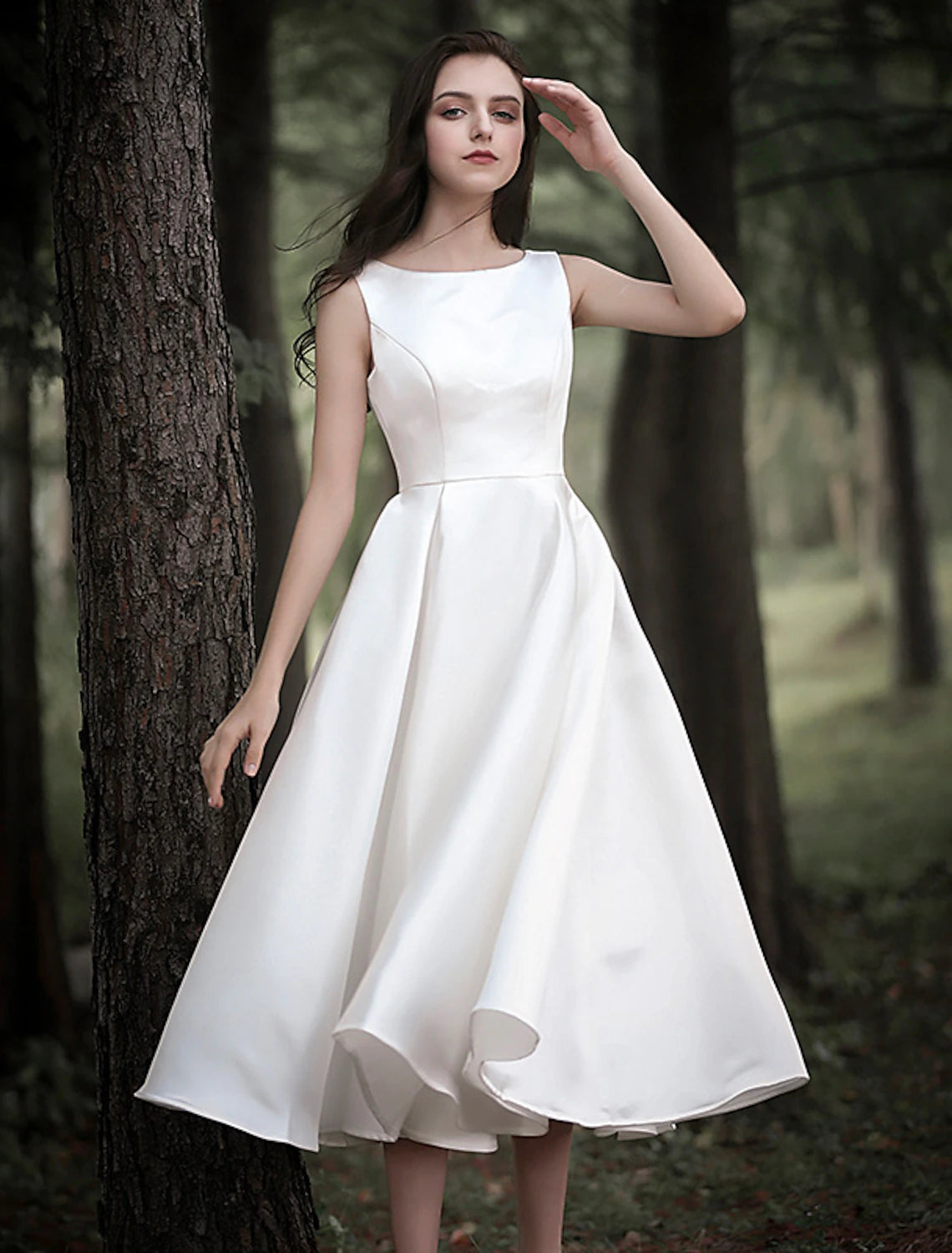 wholesale  Reception Little White Dresses Wedding Dresses A-Line Scoop Neck Sleeveless Tea Length Satin Bridal Gowns With Solid Color
