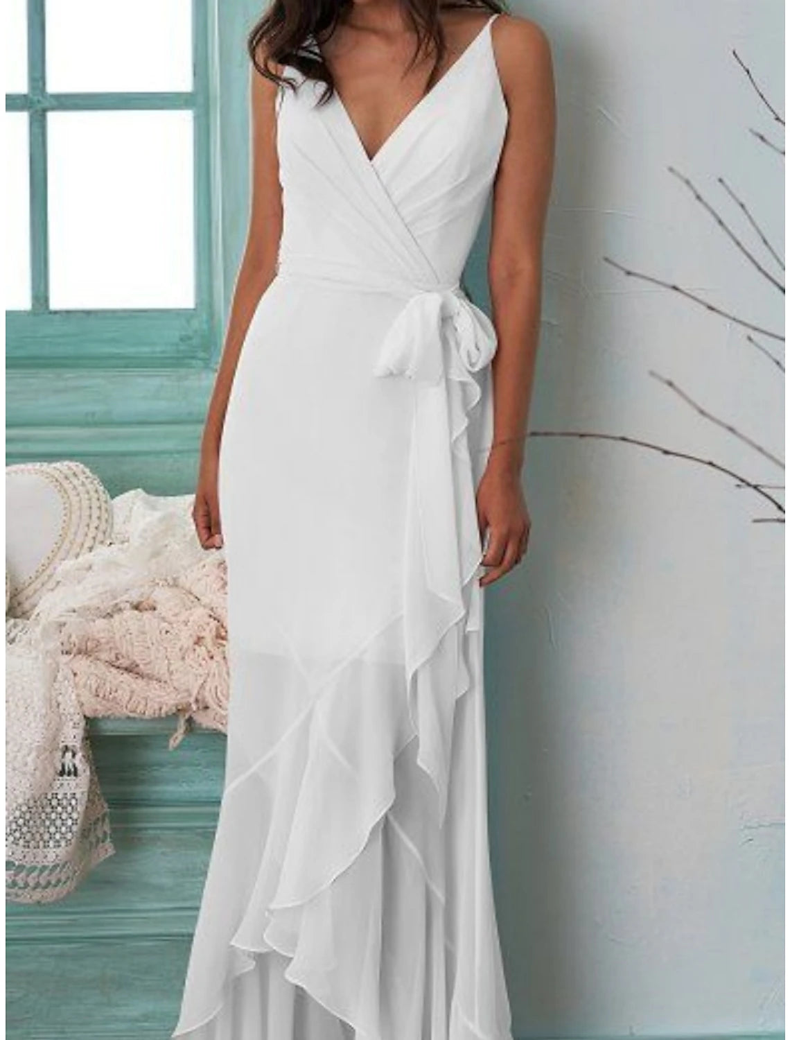 Wholesa Little White Dresses Wedding Dresses A-Line V Neck Sleeveless Sweep / Brush Train Chiffon Bridal Gowns With Bow(s) Pleats