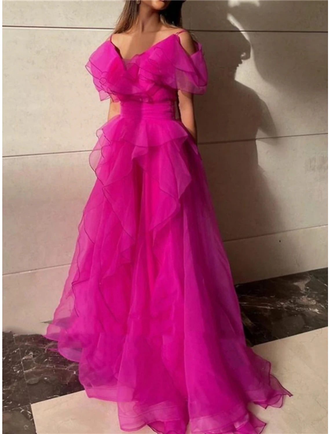 Wholesa A-Line Prom Dresses Elegant Dress Formal Sweep / Brush Train Short Sleeve V Neck Organza with Pleats Ruffles