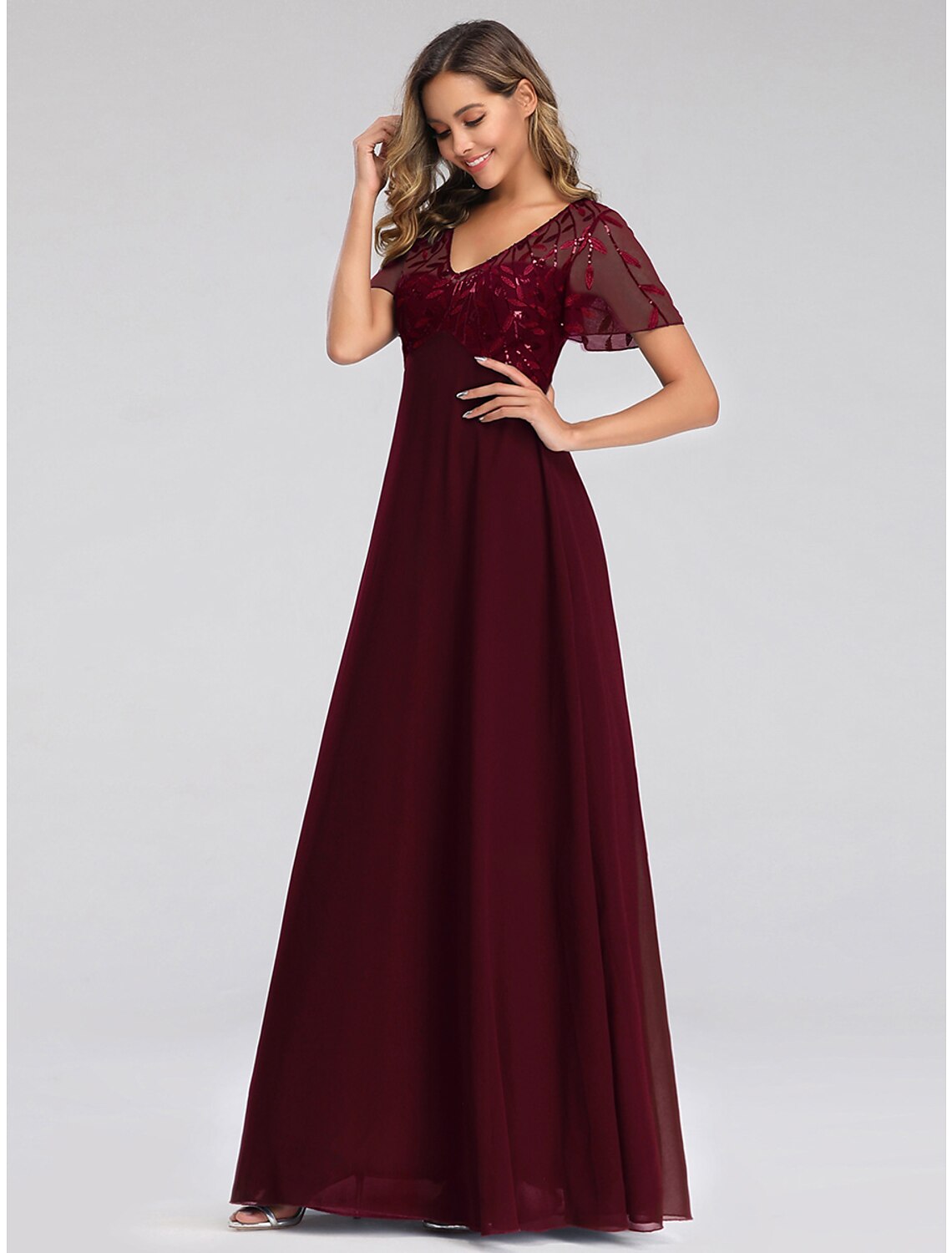 wholesa A-Line Wedding Guest Dresses Elegant Dress Fall Floor Length Short Sleeve V Neck Bridesmaid Dress Tulle with Sequin Appliques