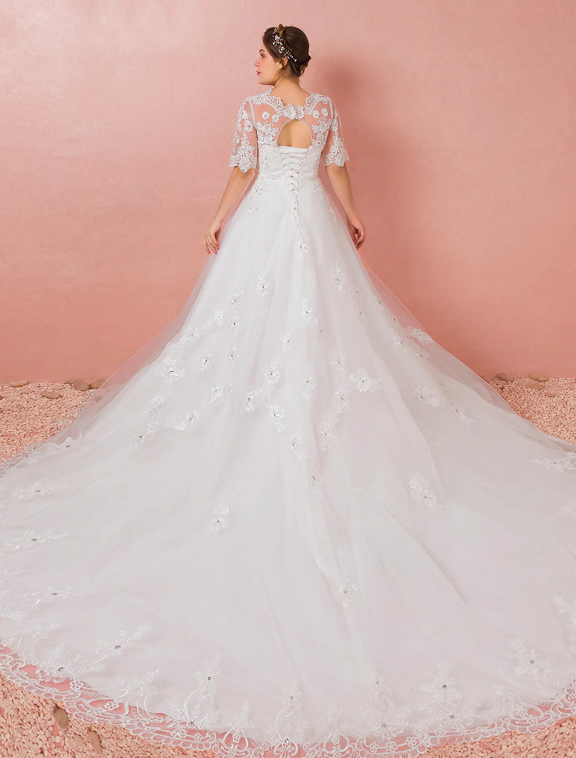 wholesale  Hall Wedding Dresses A-Line V Neck Half Sleeve Cathedral Train Satin Bridal Gowns With Lace Crystals