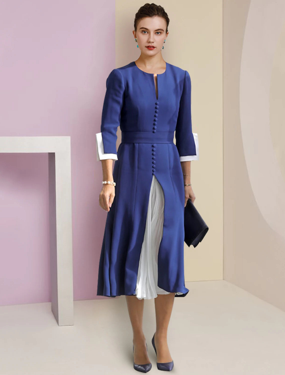 wholesale  A-Line Mother of the Bride Dress Formal Wedding Guest Elegant Scoop Neck Tea Length Stretch Chiffon 3/4 Length Sleeve with Buttons Color Block