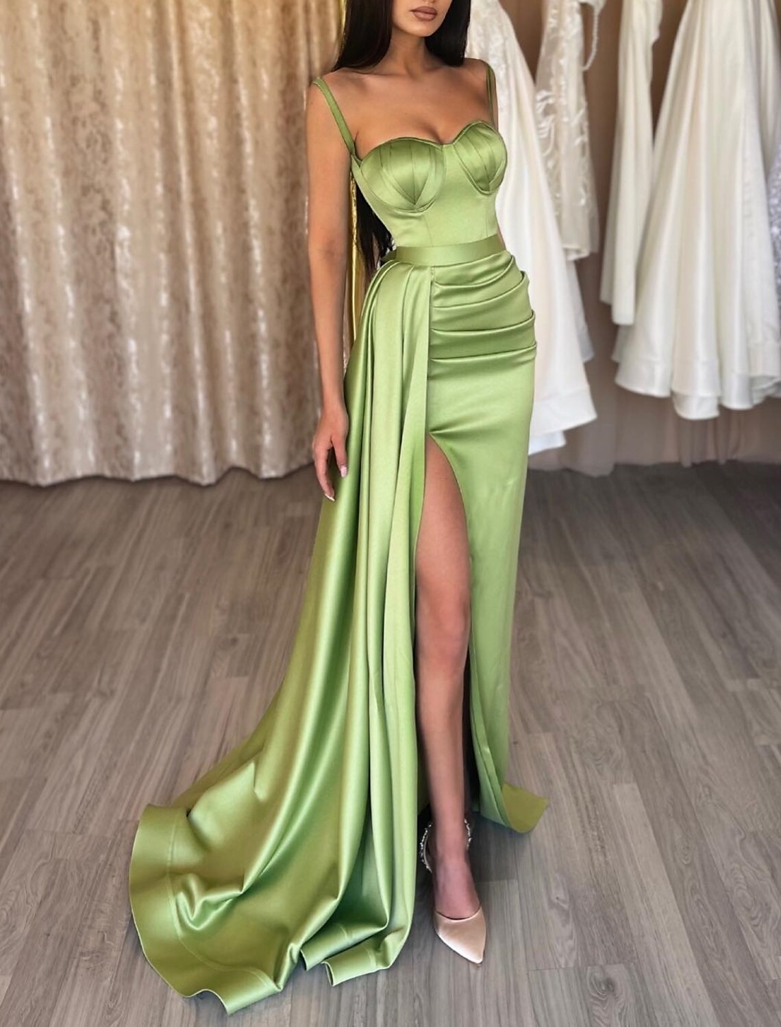 Wholesa  Mermaid / Trumpet High Split Prom Formal Evening Dress Spaghetti Strap Sleeveless Sweep / Brush Train Satin with Ruched Slit