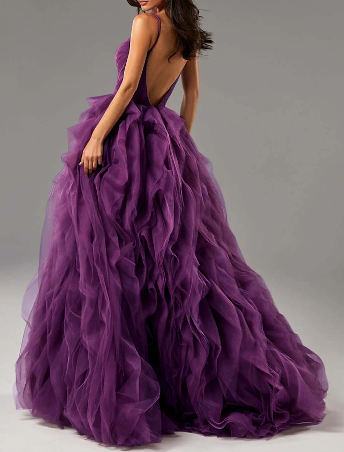 wholesale  Ball Gown Party Dress Beautiful Back Elegant Prom Formal Evening Dress V Neck Sleeveless Sweep / Brush Train Tulle with Ruffles Pure Color