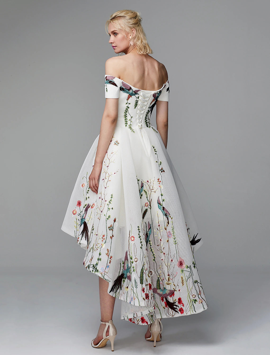 wholesale  Ball Gown Cute Dress Wedding Guest Cocktail Party Asymmetrical Short Sleeve Off Shoulder Polyester with Embroidery