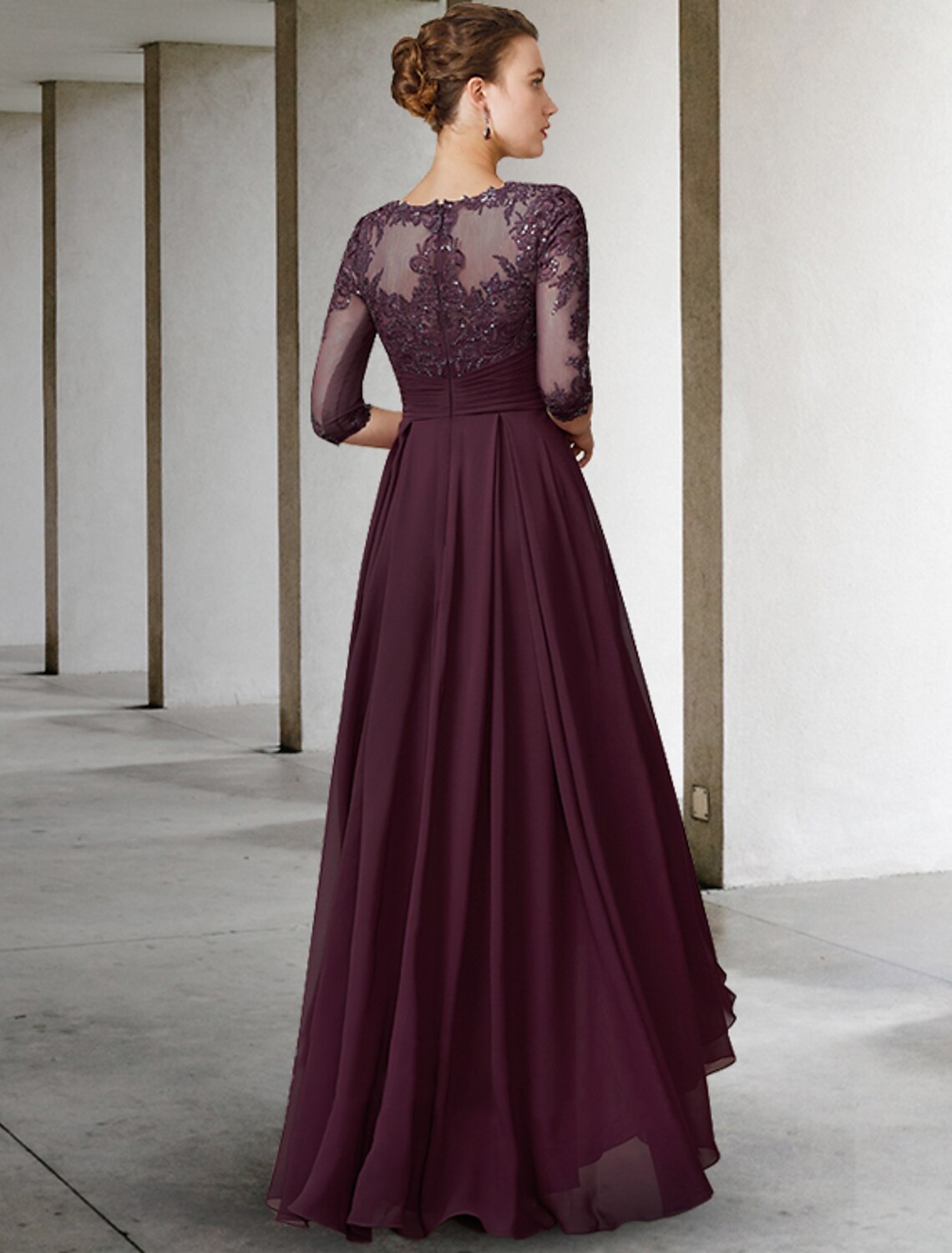 wholesale  A-Line Mother of the Bride Dress Elegant High Low Jewel Neck Asymmetrical Floor Length Chiffon Lace Half Sleeve with Pleats Appliques