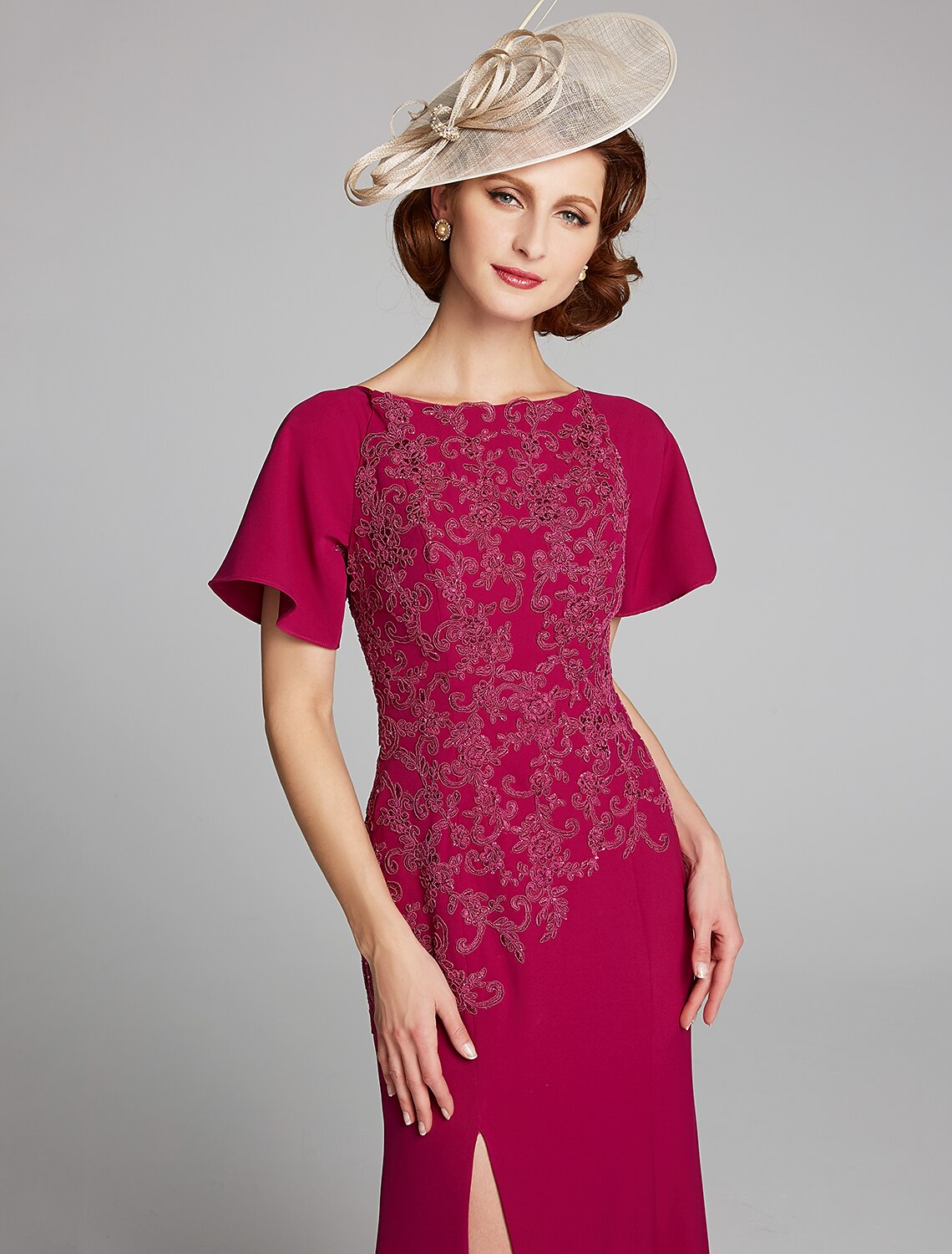 wholesale   Mermaid / Trumpet Mother of the Bride Dress Bateau Neck Floor Length Chiffon Lace Short Sleeve with Lace Split Front