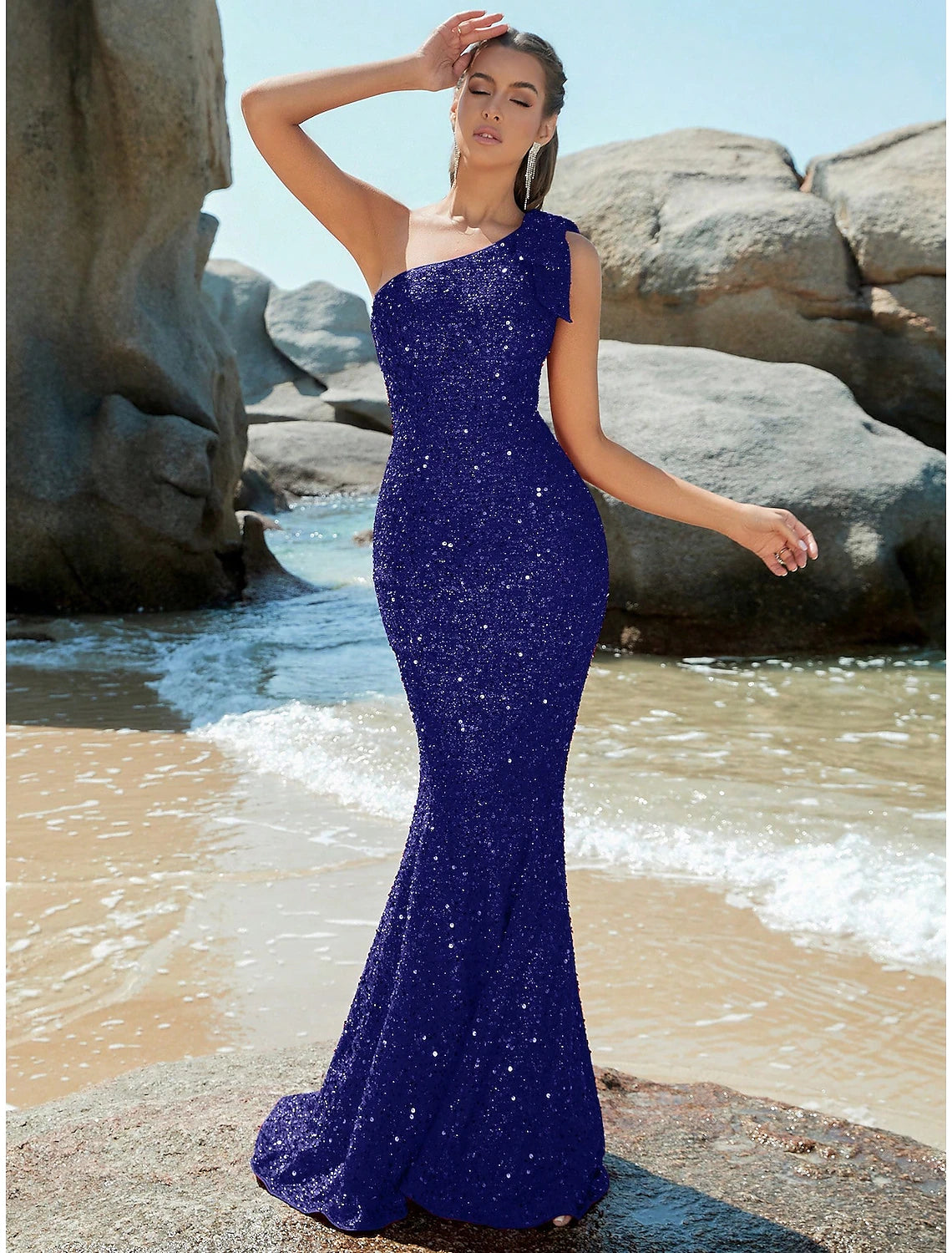 Wholesa Mermaid / Trumpet Evening Gown Sparkle & Shine Dress Formal Fall Sweep / Brush Train Sleeveless One Shoulder Sequined with Glitter Shouder Flower
