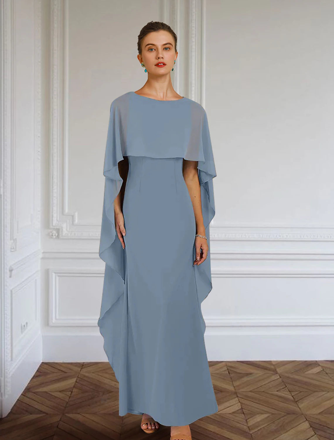 Wholesa  Sheath / Column Mother of the Bride Dress Formal Wedding Guest Elegant Simple Jewel Neck Floor Length Chiffon Sleeveless with Side Draping Solid Color