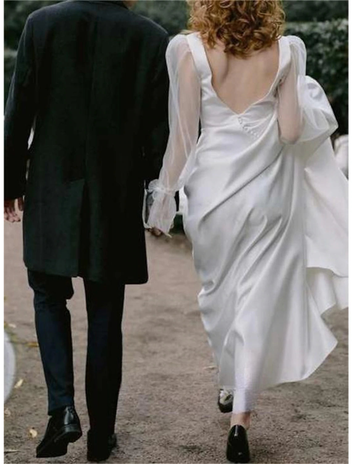 Wholesa  Beach Little White Dresses Wedding Dresses A-Line Boat Neck Long Sleeve Floor Length Satin Bridal Gowns With Pleats Solid Color