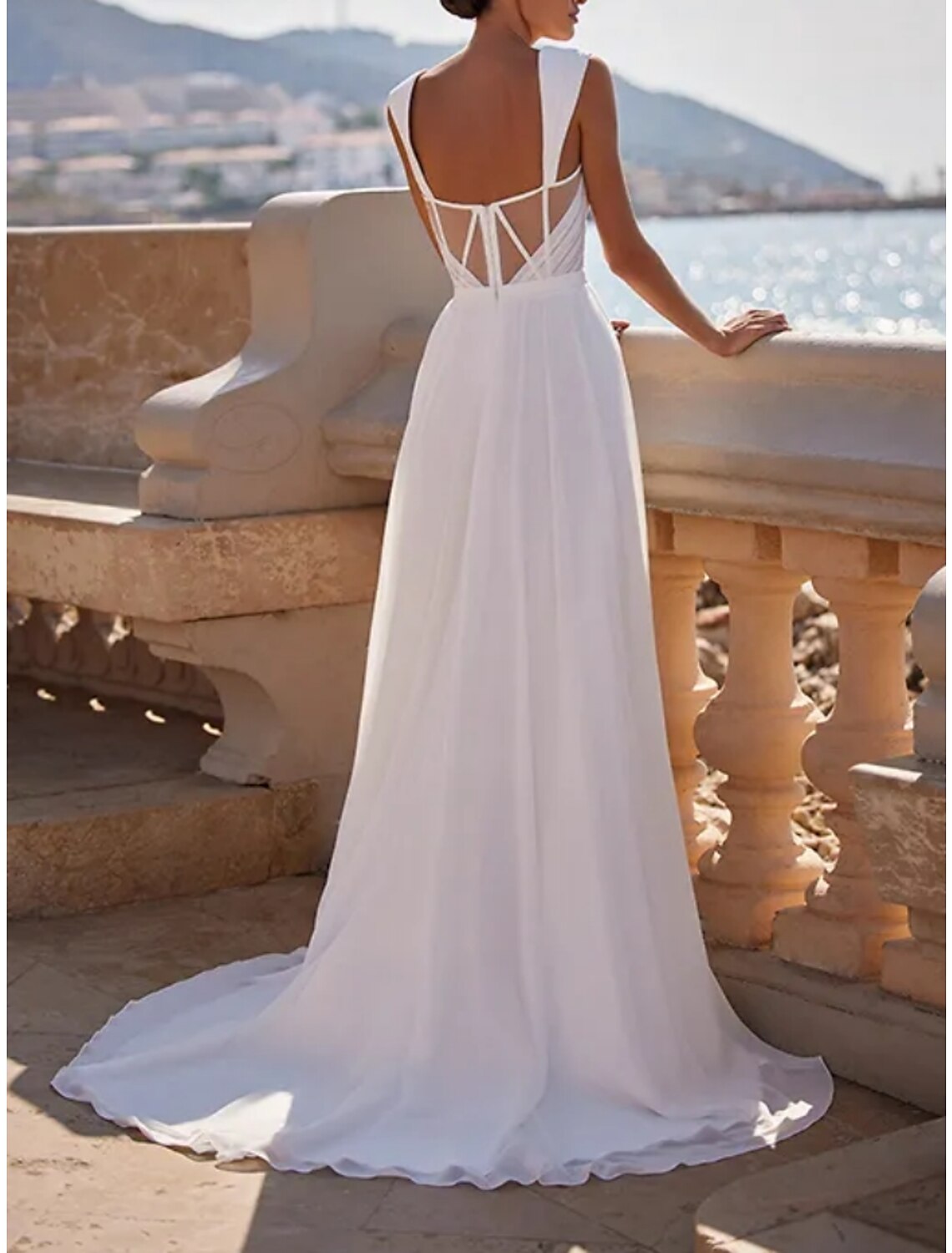 Wholesa Little White Dresses Wedding Dresses A-Line Square Neck Sleeveless Sweep / Brush Train Chiffon Bridal Gowns With Pleats Split Front