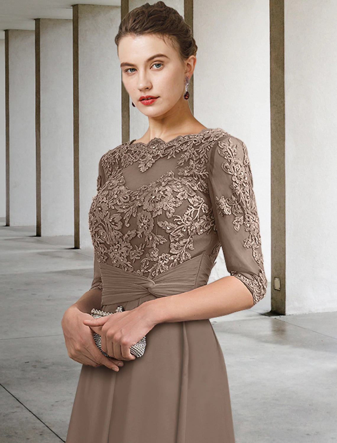 wholesale  A-Line Mother of the Bride Dress Wedding Guest Plus Size Elegant Jewel Neck Ankle Length Chiffon Lace Half Sleeve with Ruched Beading Appliques Fall