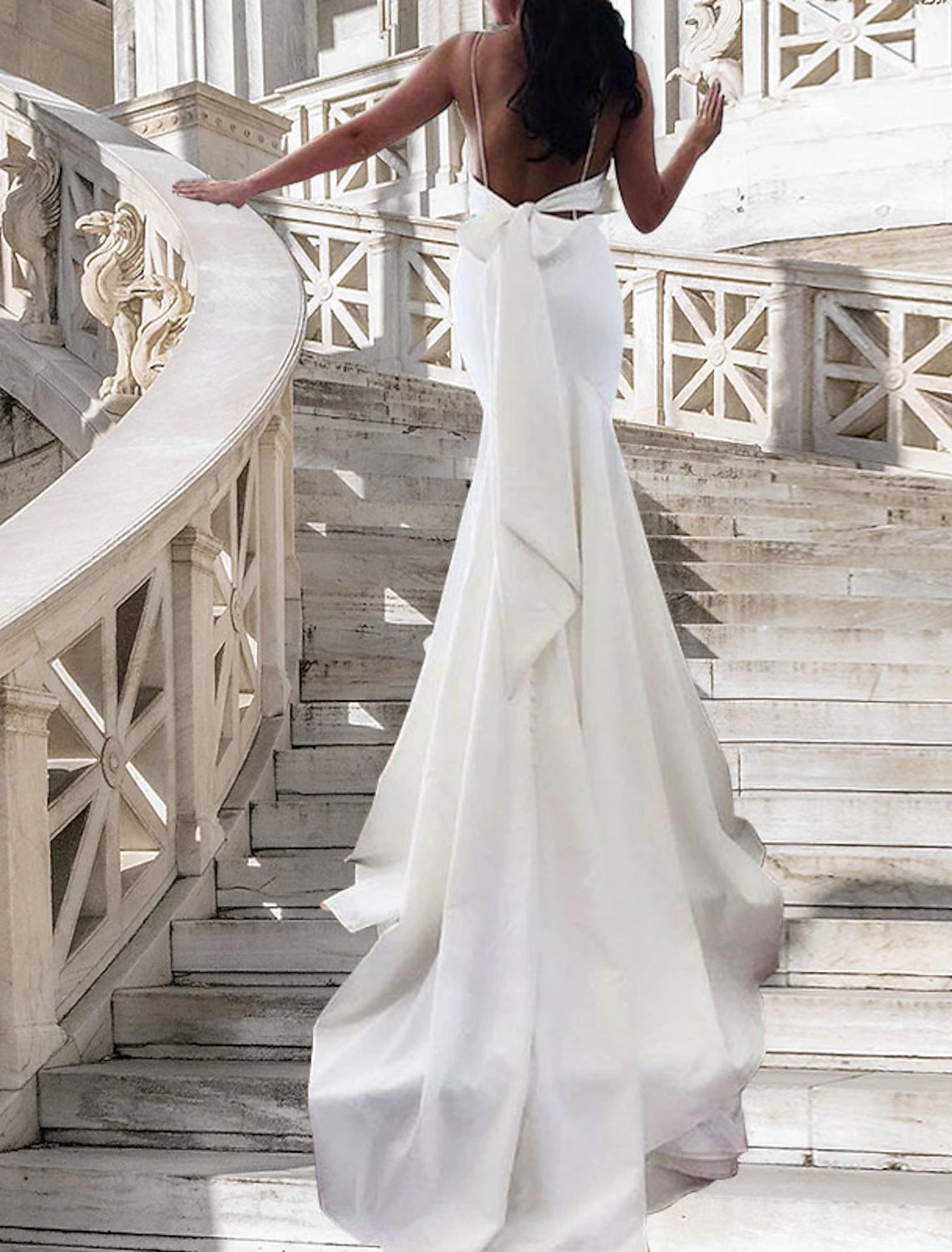 wholesale  Hall Casual Wedding Dresses Mermaid / Trumpet Sweetheart Camisole Spaghetti Strap Court Train Satin Outdoor Bridal Gowns With Bow(s)