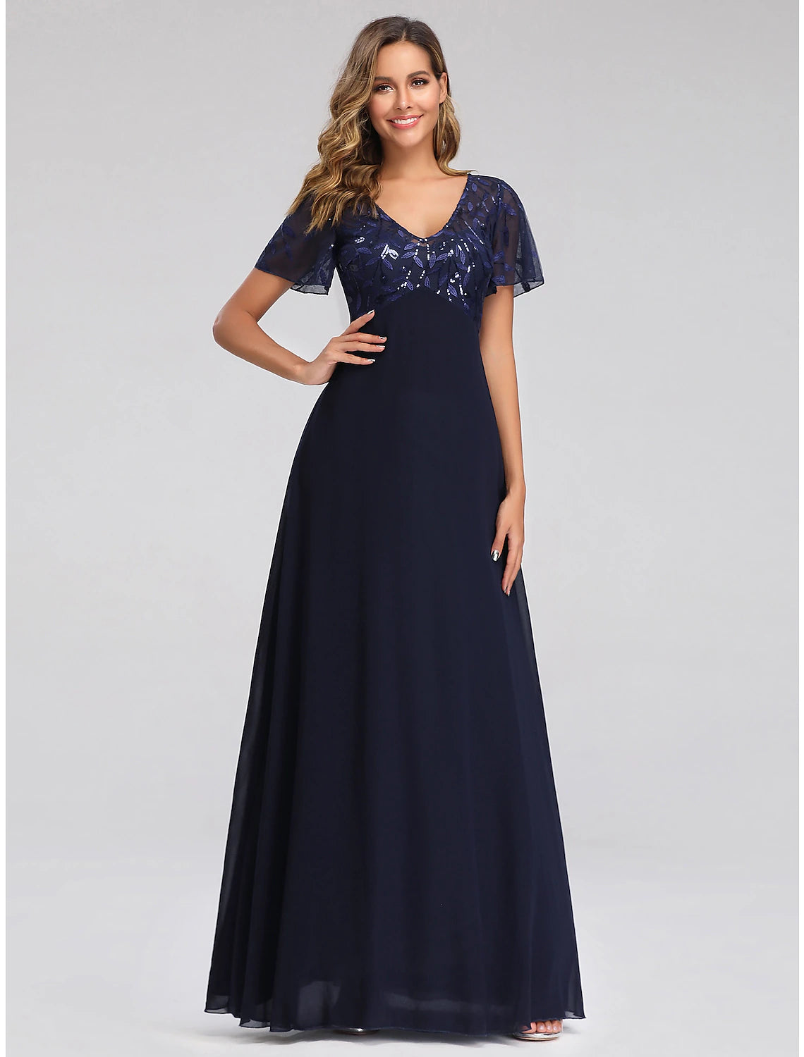 wholesa A-Line Wedding Guest Dresses Elegant Dress Fall Floor Length Short Sleeve V Neck Bridesmaid Dress Tulle with Sequin Appliques